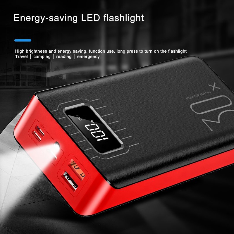 20000mAh External Battery Power Bank with Dual USB Ports and LED Flashlight – Black, Black & Red, White