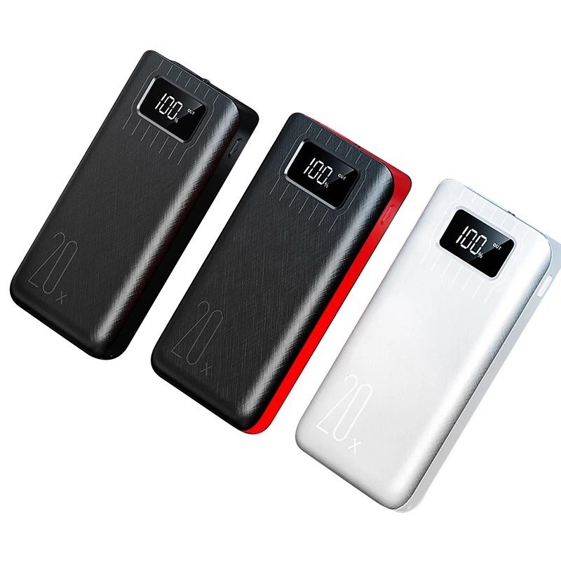 20000mAh External Battery Power Bank with Dual USB Ports and LED Flashlight – Black, Black & Red, White