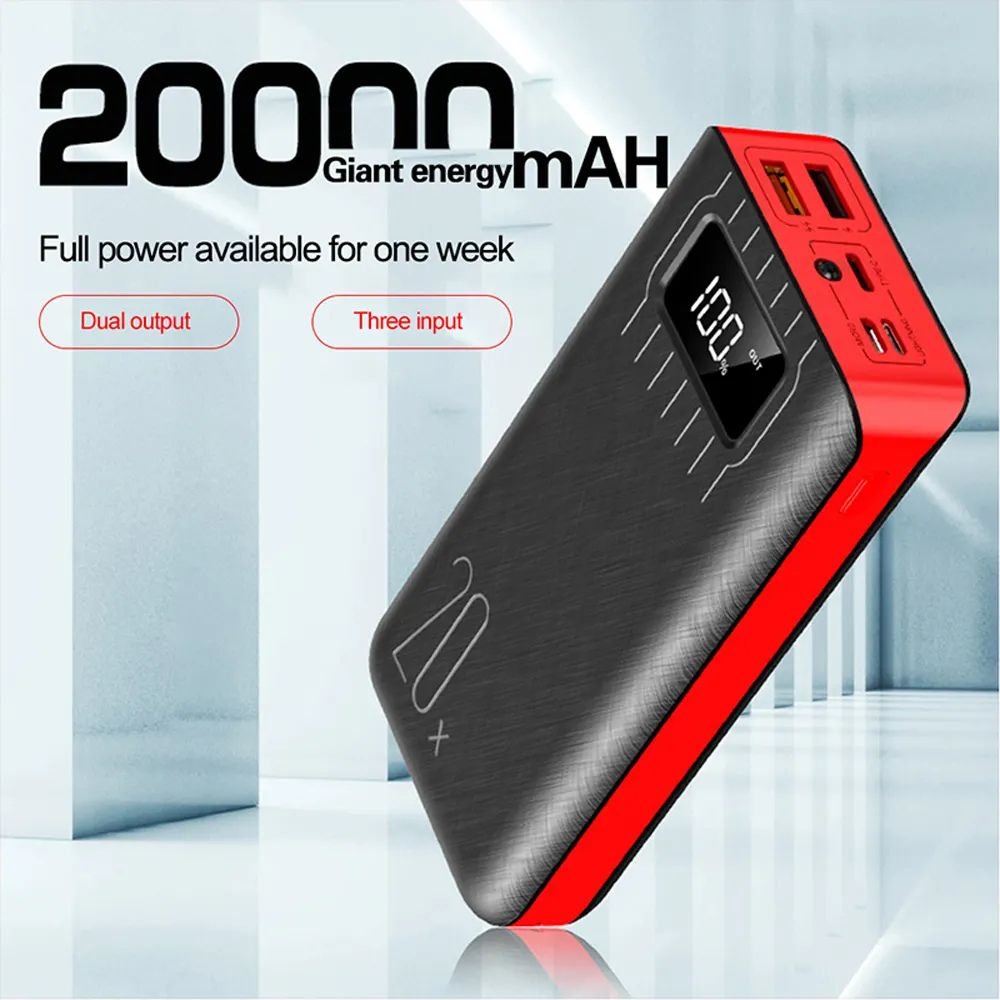 20000mAh External Battery Power Bank with Dual USB Ports and LED Flashlight – Black, Black & Red, White